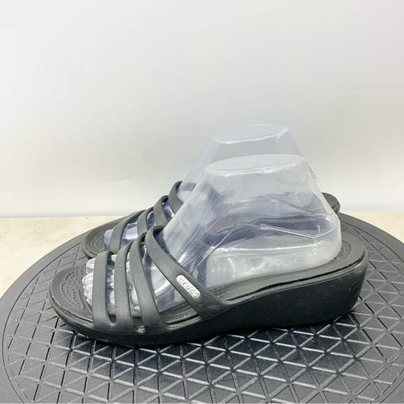 Crocs Rhonda Wedge Sandals‎ Women Size 9 Shoes Black Flip Flops Heel Rubber - Picture 4 of 8